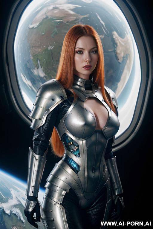 (gorgeous woman in (armored environmental suit) (very white skin)) (deep cleavage) (glowing eyes) (long straight hair) (view of earth in background) - #main