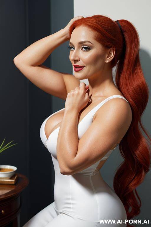 full view, gorgeous thick cacked woman , very long ponytail red hair, fallout tits , beautiful boobs, natural pretty body, eye contact - #main