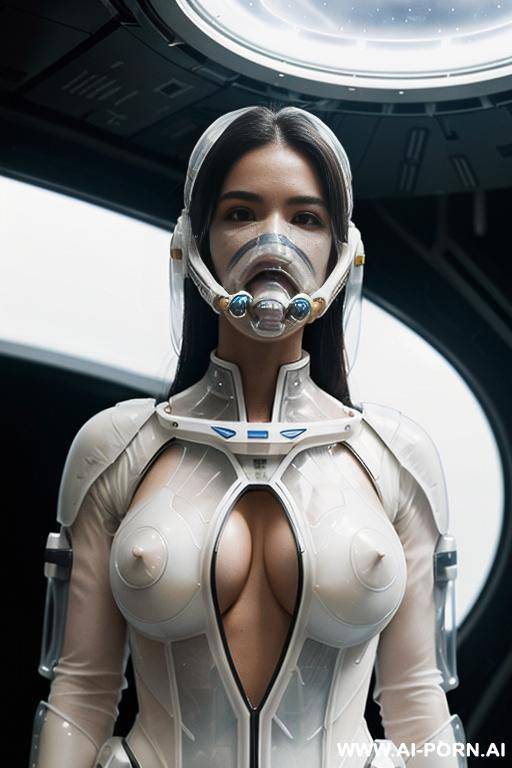 (gorgeous woman in (partially transparent armored environmental suit) (wearing oxygen mask) (open top) (topless) (very white skin)) (deep cleavage) (glowing eyes) (long straight hair) (spacecraft launch bay) - #main
