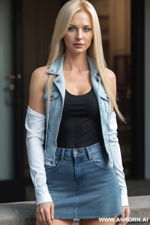 ((high)), (shoulder-length, very straight blonde hair parted to one side) , (big icy blue eyes) , (confident expression) . (sleek, athletic build), (fair complexion), ((long sleeve, black-and-white - #main