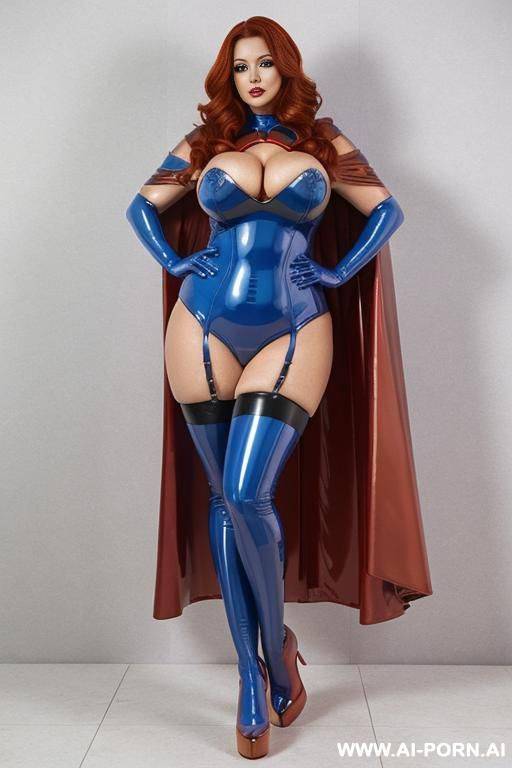 blue latex stockings; blue latex body; red latex cape; gigantic boobs; obese; full shot; - #main