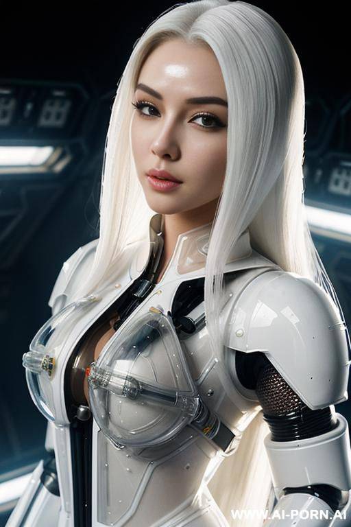 (close up) (gorgeous woman in (partially transparent armored environmental suit) (transparent chest) (wearing oxygen mask) (very white skin)) (long straight hair) (spacecraft launch bay) - #main