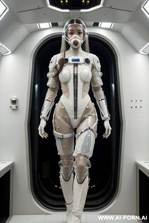 (gorgeous woman in (partially transparent armored environmental suit) (wearing oxygen mask) (very white skin)) (long straight hair) (spacecraft launch bay) - #main