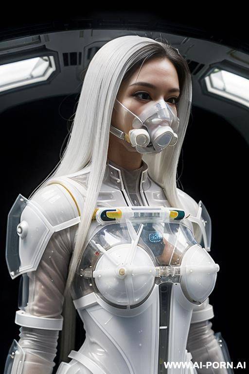 (close up) (gorgeous woman in (fully transparent armored environmental suit) (wearing oxygen mask) (very white skin)) (long straight hair) (spacecraft launch bay) - #main