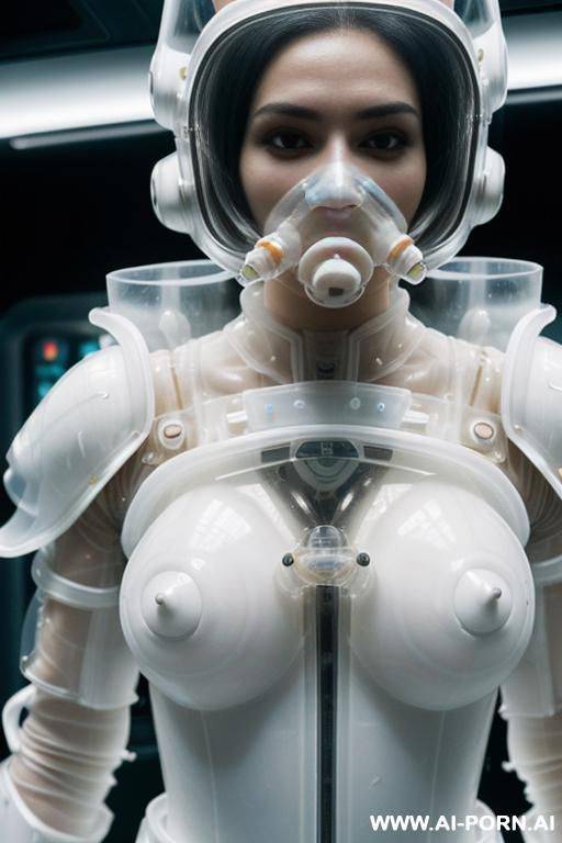 (close up) ((gorgeous woman) in (completely open topless) (partially transparent armored environmental suit) (wearing oxygen mask) (very white skin)) (long straight hair) (room d with cryogenic pods) - #main