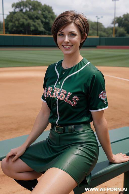 brown hair, green eyes, pixie haircut, baseball uniform, skirt, flashing pussy, smile, baseball field, sitting on bench - #main