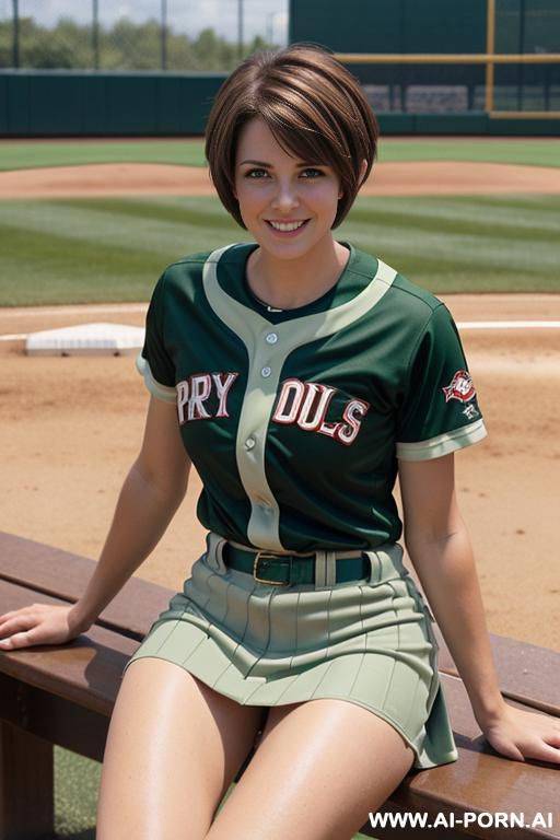 brown hair, green eyes, pixie haircut, baseball uniform, skirt, showing pussy, smile, baseball field, sitting on bench - #main