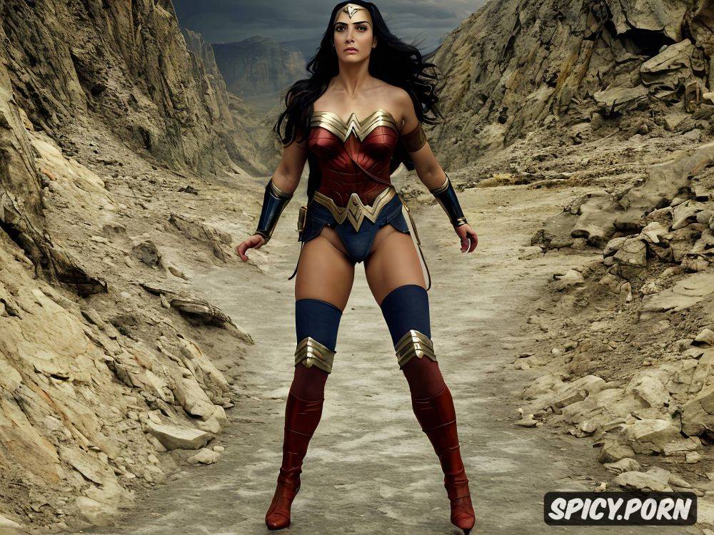 wide stance, ultra dark skin, wonder woman, full breasts, shaved pussy - #main