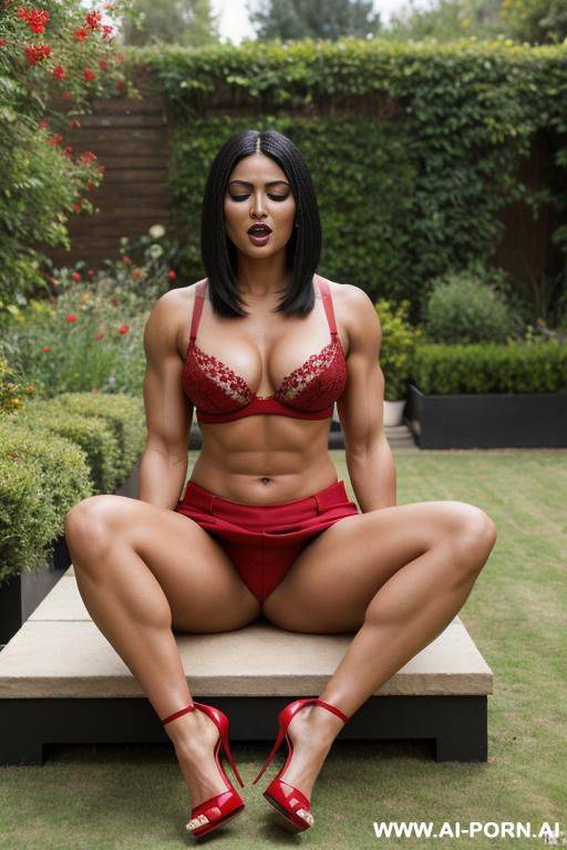 indian, short hair, fit, abs, curvy, muscular arms, big ass, tall, long legs, navel piercing, red bra, red pleat skirt, looking at camera, full body, stiletto, in garden, sitting cross-legged, sideways, open mouth, closed eyes, - #main