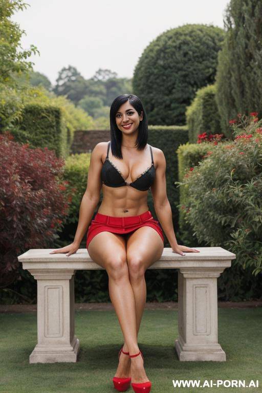 indian, short hair, fit, abs, curvy, muscular arms, big ass, tall, long legs, navel piercing, red bra, red pleat skirt, looking at camera, full body, stiletto, in garden, sitting cross-legged, sideways - #main