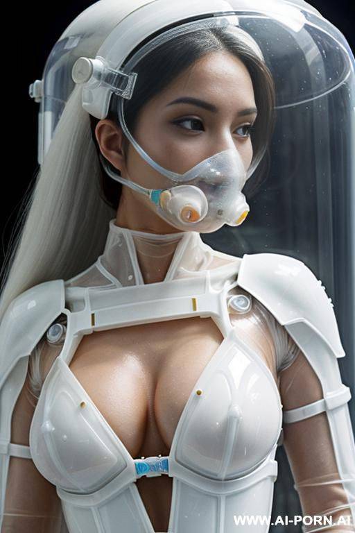 (close up) ((gorgeous woman) in (completely open topless) (partially transparent armored environmental suit) (wearing oxygen mask) (very white skin)) (long straight hair) (cryogenic pods in background) - #main