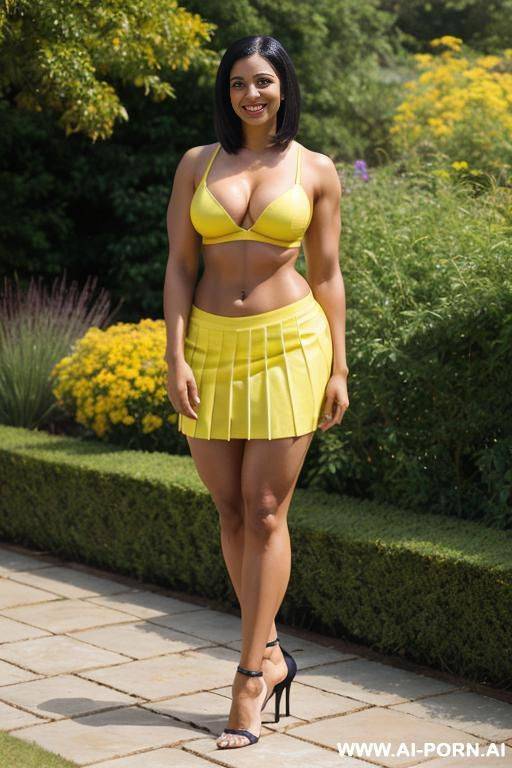 indian, short hair, fit, abs, curvy, muscular arms, big ass, tall, long legs, navel piercing, yellow bra, yellow pleat skirt, looking at camera, full body, stiletto, in garden - #main