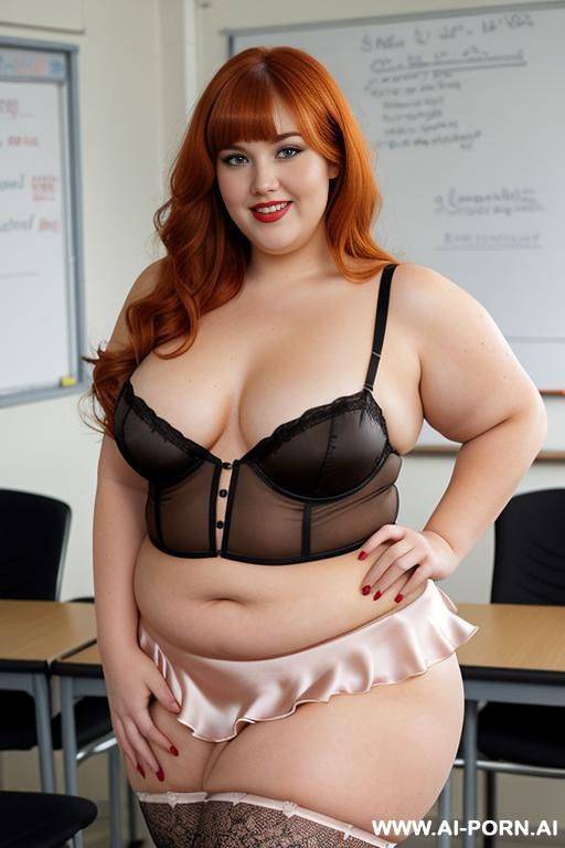 half body photo shot, about at classroom, so fat bbw curvy teacher, wearing a sexy and hot ligthcolor silk lingerie, she is on sexy pose, she is semi-naked and is wearing a silk ruffle microskirt - #main