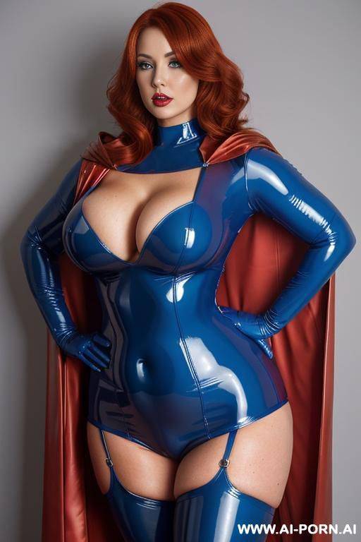 blue latex stockings; blue latex body; red latex cape; gigantic boobs; obese; full shot; - #main