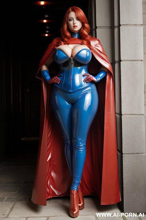 blue latex catsuit; red latex corset; red latex cape; gigantic boobs; obese; open legs; - #main
