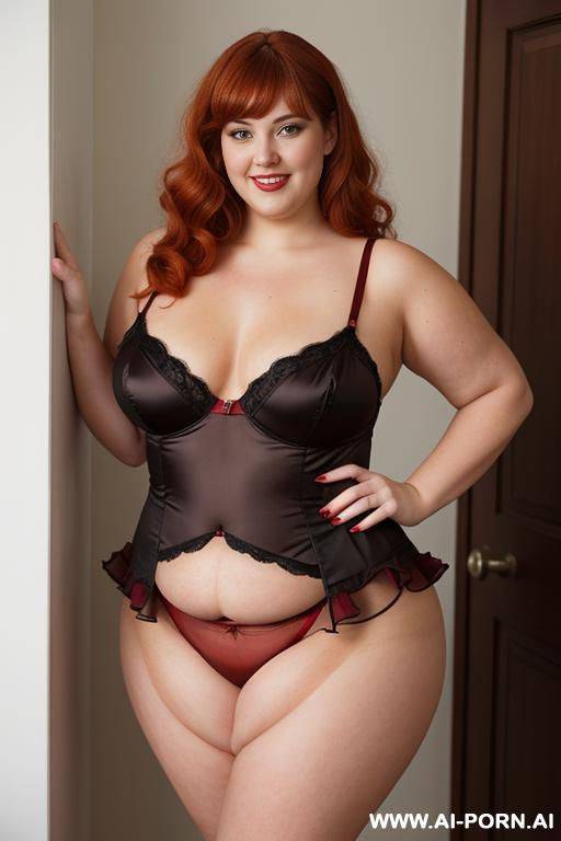 full body photo shot, about at restroom, so fat bbw curvy teacher, wearing a sexy and hot darkred silk lingerie, she is on four points pose naked, she is semi-naked and is wearing a silk ruffle microskirt - #main
