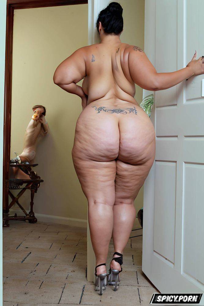 bedroom doorway, gorgeous face, naked voluptuous thick bbw milf hands braced against bedroom doorway pushing back onto woman with futanari dick - #main