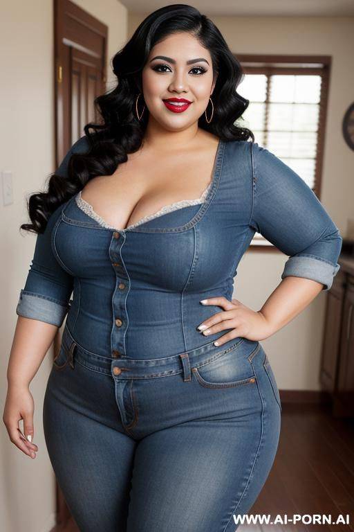 hot mexican woman, chola, heavy makeup, chicana, wide hips, very obese, rotund, round fat body, eating, swollen belly - #main