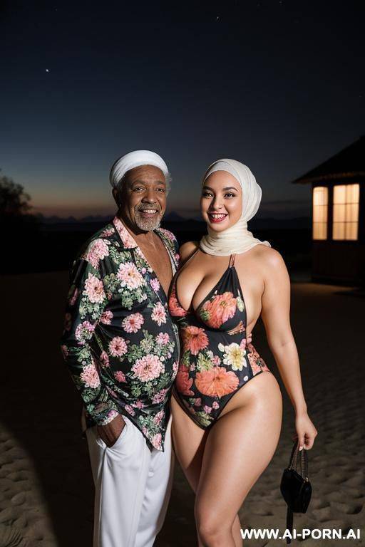 smiling curvy russian thick body wife wearing hijab and floral monokini standing with naked black old man at nightback shot - #main