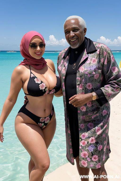 smiling curvy russian thick body wife wearing hijab and floral monokini standing with naked black old man - #main