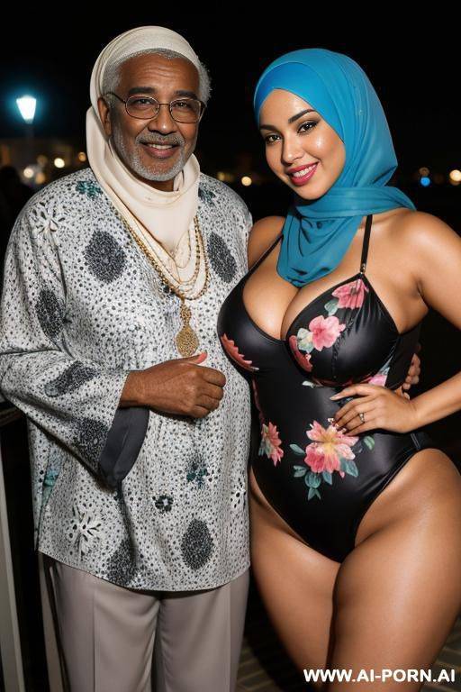 smiling curvy egyptian thick body wife wearing hijab and floral monokini standing with black old man at night - #main