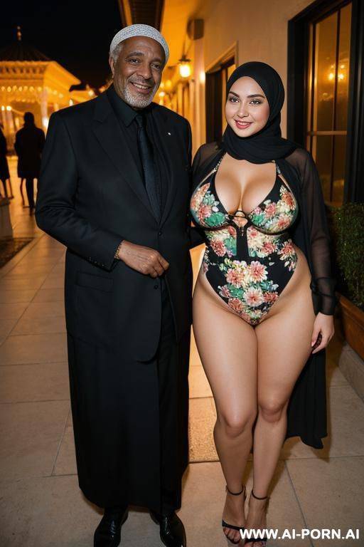 smiling curvy russian thick body wife wearing hijab and floral monokini standing with naked black old man at night - #main