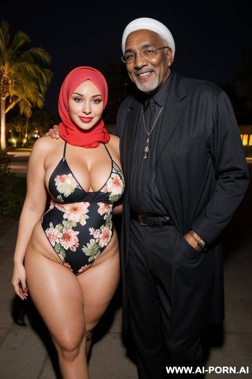 smiling curvy russian thick body wife wearing hijab and floral monokini standing with black old man at night - #main