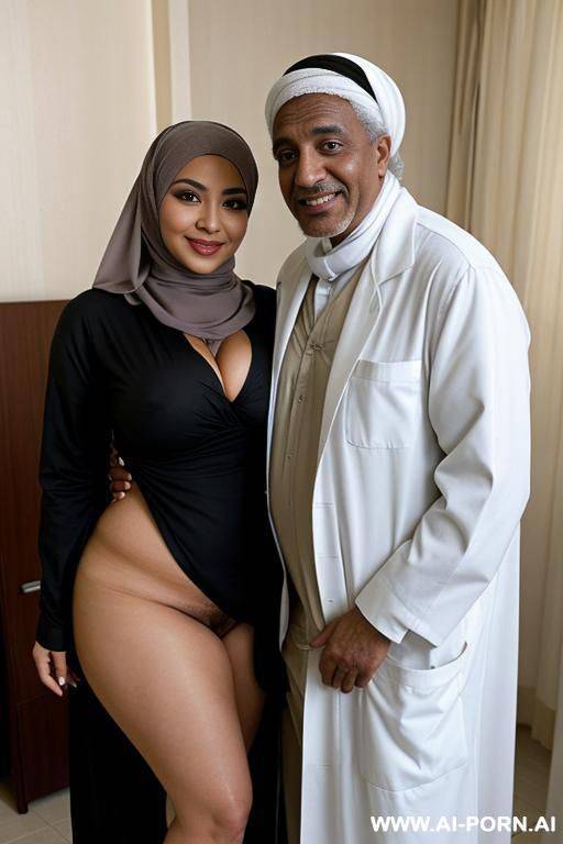smiling curvy egyptian busty wife fully naked wearing hijab standing with sick old black sick man in hospital - #main
