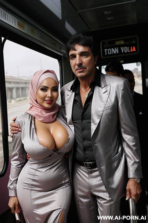 smiling curvy russian busty wife fully naked wearing hijab standing with head wounded old black man - #main