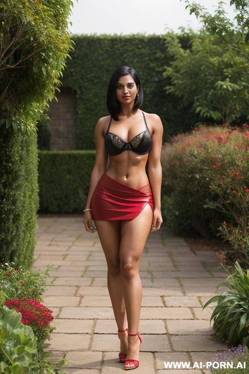 indian, short hair, fit, abs, curvy, muscular arms, big ass, tall, long legs, navel piercing, red bra, red pleat skirt, looking at camera, full body, stiletto, in garden, 2 women sideways - #main