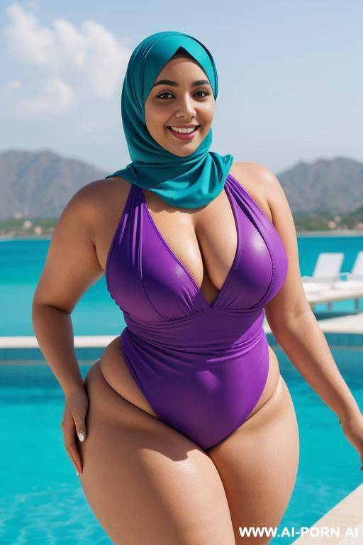 smiling curvy thick body wife wearing hijab and colored monokini standing - #main