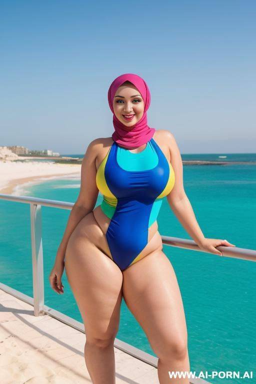 smiling curvy russian thick body wife wearing hijab and colored monokini standing - #main