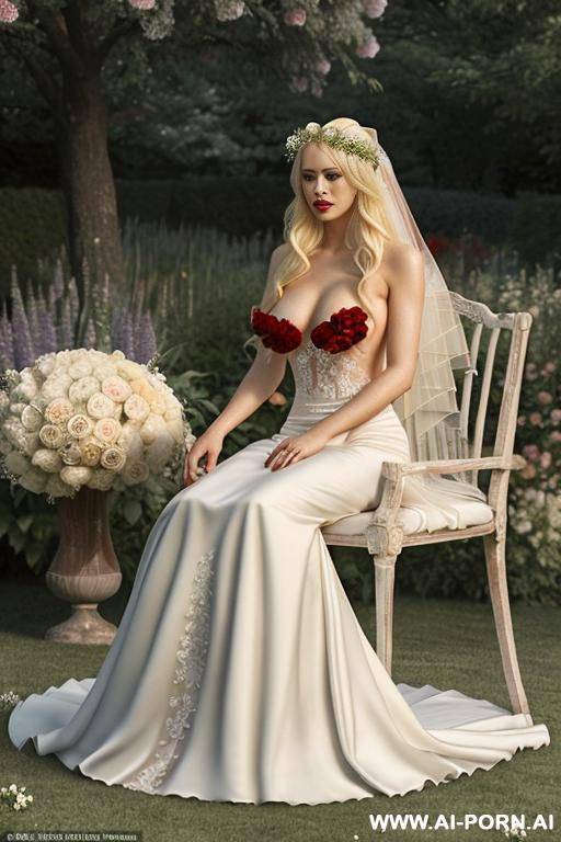 _photorealistic, very beautiful bride, ((topless wedding dress in flower garden)), wedding veil, show nipples, goth, red lips, very long curly hair, skirt. - #main