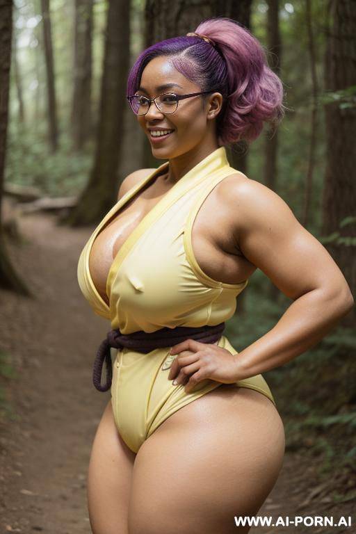 , glasses, , white shirt, hiking, hiking shoes, hiking in the woods, nipple seethrough, brown haie, long hair, curly hair, no pants, 1+, highly detailed , basecap - #main