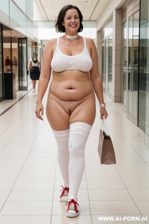 nude fat mom walking in mall naked. only white sneakers, socks, white choker collar. smiling. - #main