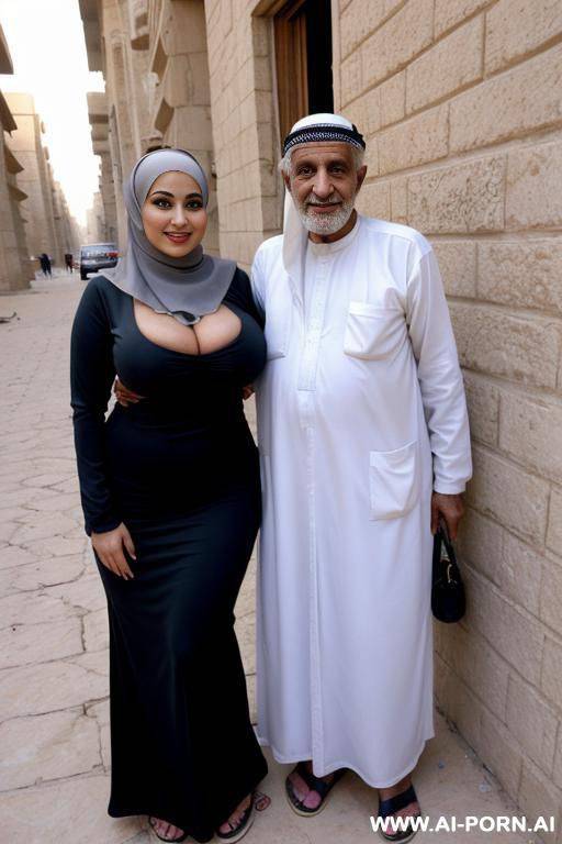 smiling curvy egyptian busty wife fully naked wearing hijab standing with homeless old egyptian man - #main