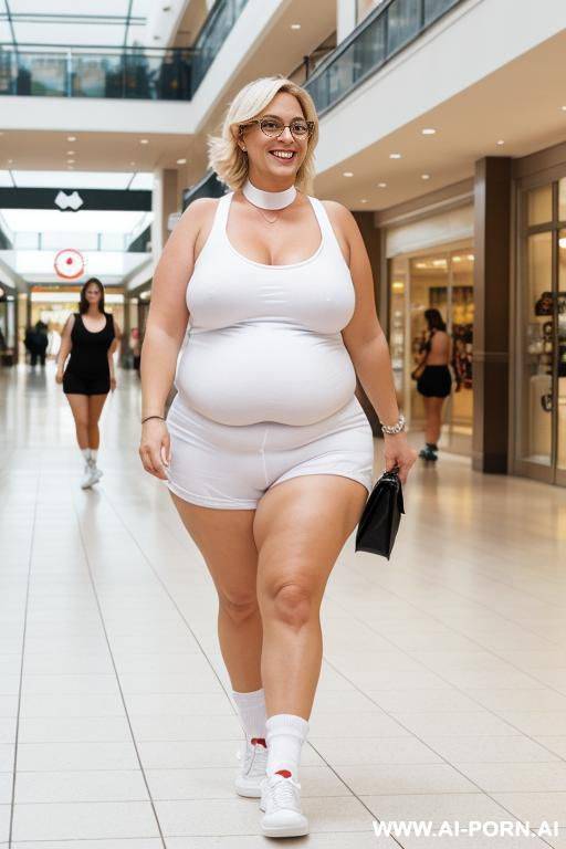 fat mom walking in mall naked. white sneakers, socks, white choker collar. smiling. - #main