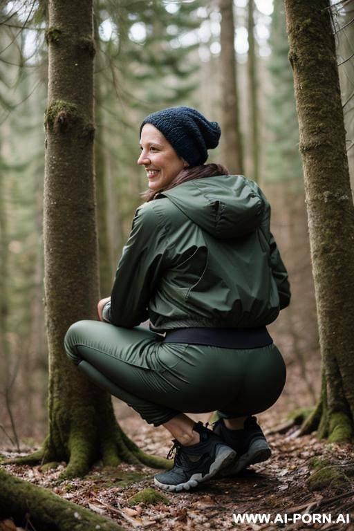 mature slender french hikerwoman, squatting in forest undergrowth, outdoorjacket, pleated pants, smiling - #main