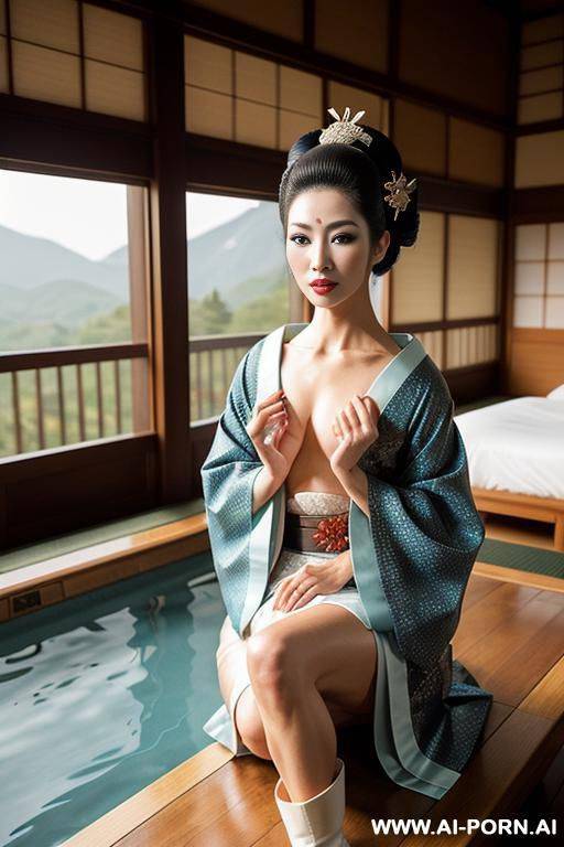 _photo realistic, ((topless)), tweed skirt, knit sweater, very white skin, perfect teardrop boobs, (show nipples), light blue eyes, hotel room sitting on bed, long leather boots. - #main