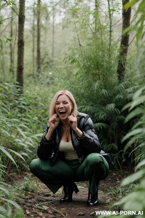 swedish woman squatting in underbrush in weeds, jacket, pleated trousers, laughing her pussy drips pee onto ground - #main