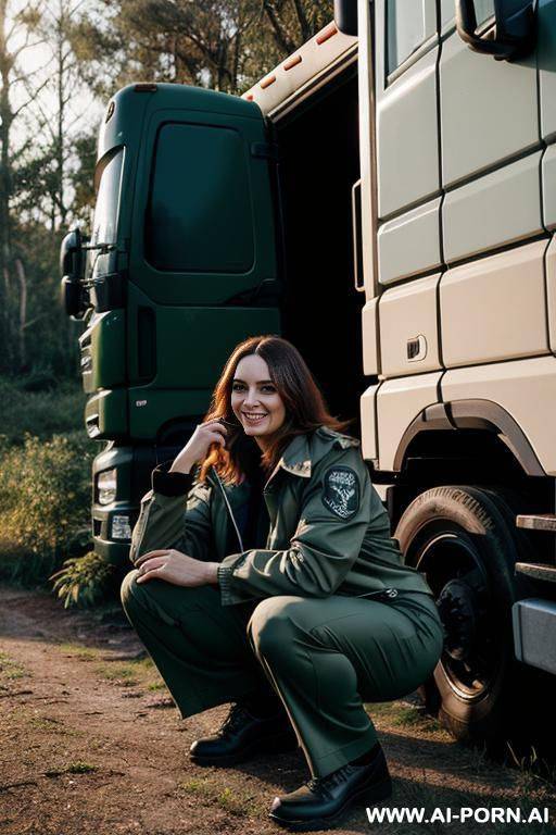 woman squatting in underbrush behind trucks, jacket, pleated trousers, happy - #main