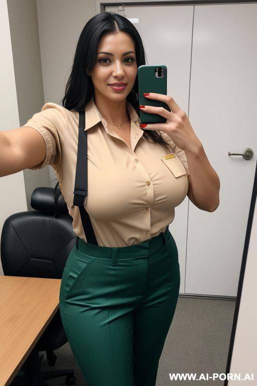 girl wearing workpants, and nog on, showing big tits while she is in her workplace.she is taking a selfie - #main