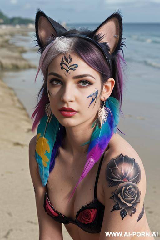 face, sexy, beautiful, ((face painting)), ((bikini as seashell)), ((tattoo roses)), ((eyes shw)), ((angel wings)), ((rainbow hair)), ((long bu hair)), ((wind)), (( cat face)), (( cat ears)), (((feather - #main