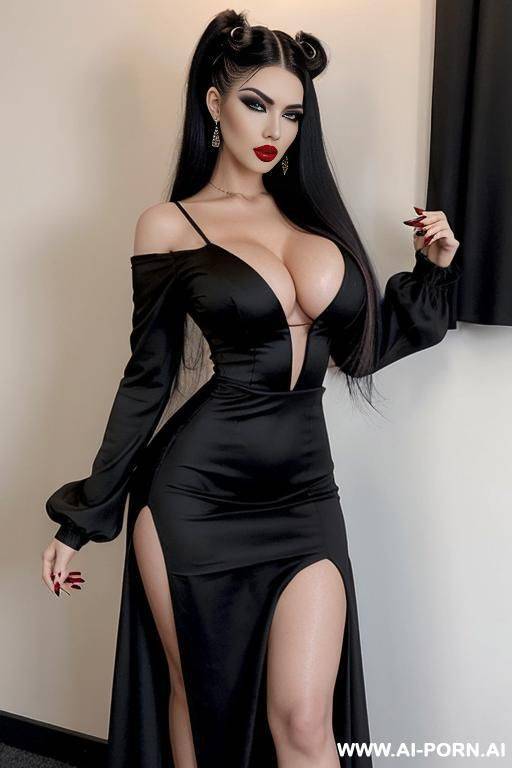 goth, long hair, ((beehive hairdo)), lipstick, ((tight black dress)), long sleeves, massive cleavage, pallid skin, (long side-slit skirt), - #main