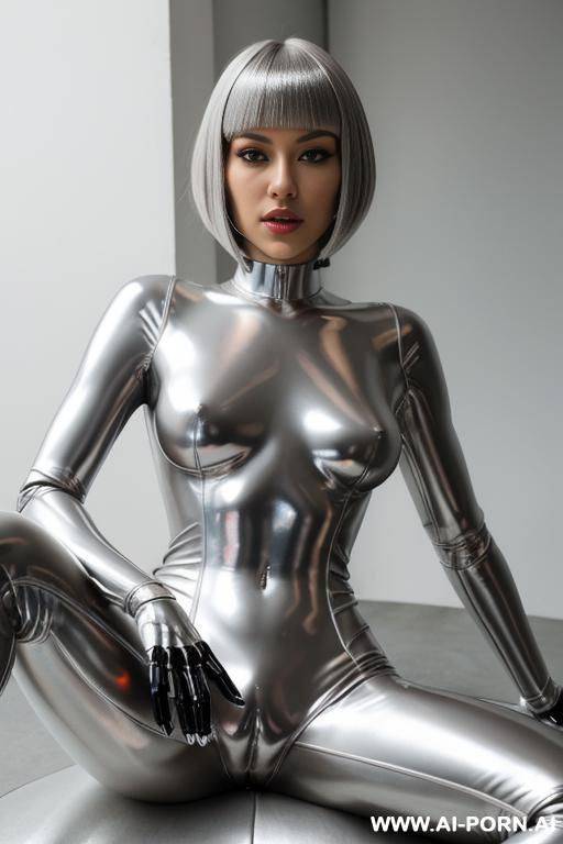 robot woman, shiny silver skin, perfect silver hair, silver metal neck collar, perfect figure, hairless pussy, pov, closeup - #main