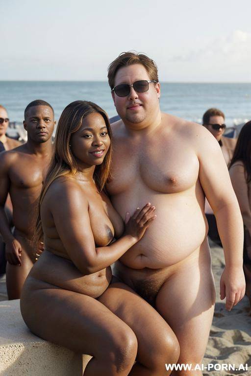 sunglasses, (((fat face))), (((round cheeks))), a chubby shorty ebony gilf is kissing with a tall handsome fit american man. she has blonde highlights in her hair. the woman is sitting. the man - #main
