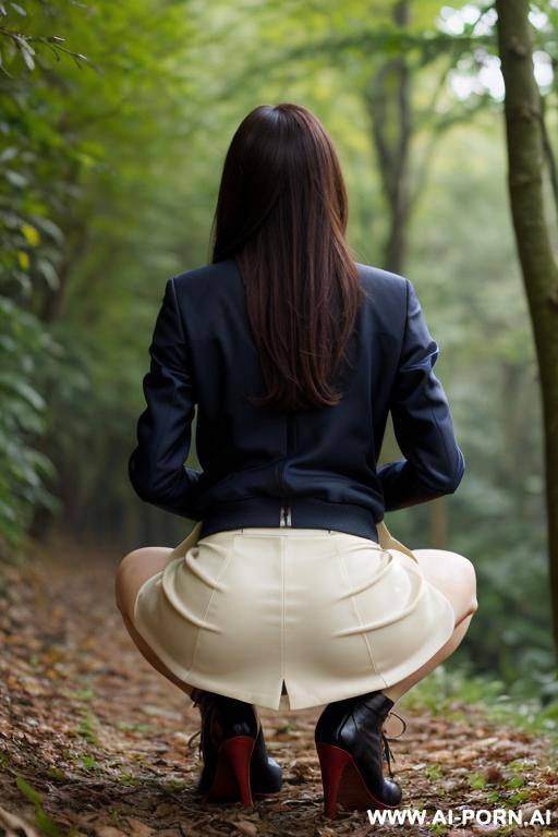 slender french, squatting in underbrush, shirt, jacket, skirt, crotch is dripping pee - #main