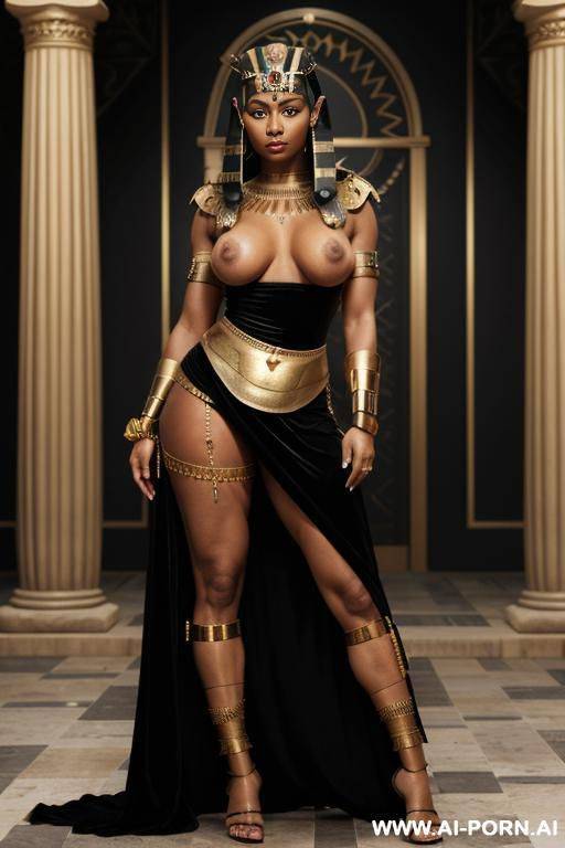 black muscular woman. very dark.. earrings, bracelet, gold armband. (massive bulging bulbous round boobs). long thick pointed erect nipples. nipple ring. - #main