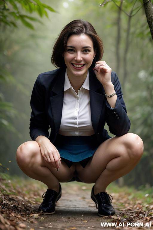 slender french, squatting in underbrush, shirt, jacket, skirt, hairy pussy dripping water - #main