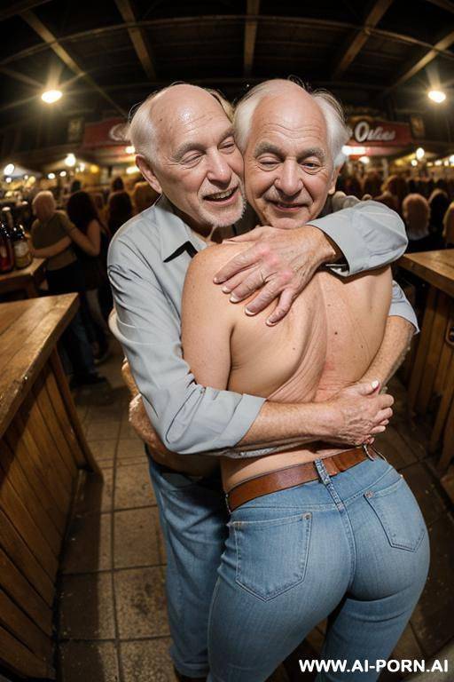 ((((view fish eye lens view)))) ((((hugging two oldmen)))) at dusk at the outdoor motorcycle coustom festival pretty italian woman on stage bathes in beer a lot of beer suds lot leather men - #main